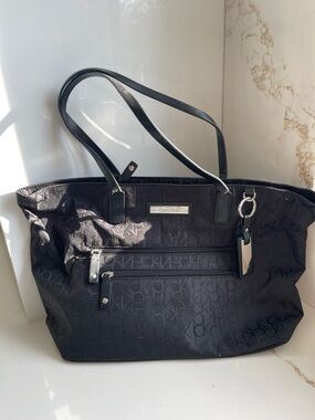 Calvin Klein Black Monogram Tote with Silver Hardware